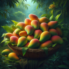 A basket of mangoes in the jungle