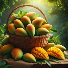 A basket of mangoes in the jungle