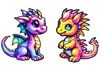Fototapeta premium colorful cartoon cute dragon. holographic sticker on a transparent background. baby Dragon vector illustration. Cute baby dragon kawaii chibi cartoon. clipart, collection, set
