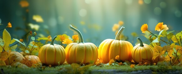 Several pumpkins of various sizes in the photo with a forest background. generative AI