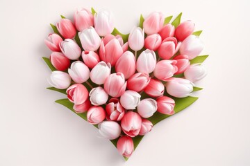 A bouquet of tulips is laid out in the shape of a heart on a white background. Multi-colored tulips for the holiday. Generative ai technology