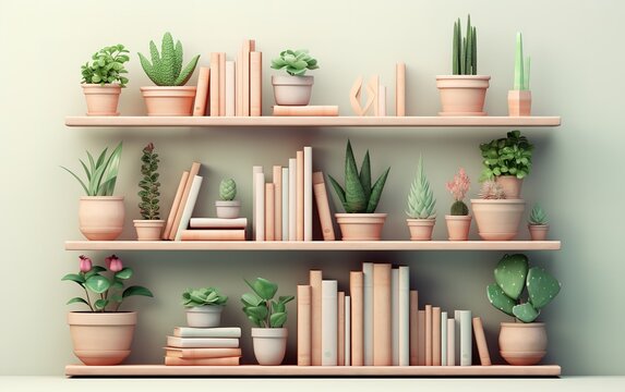 A bookshelf decorated with cactus plants beside it. generative AI