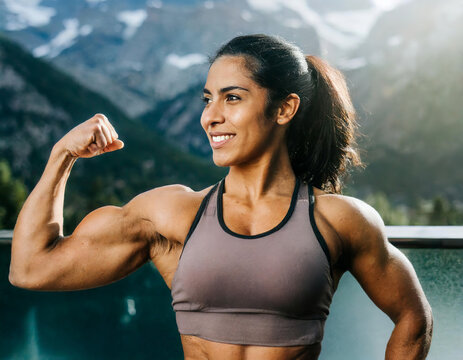 A strong female bodybuilder poses against a backdrop of mountains.