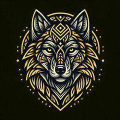 a stylised depiction of a wolf's face, designed with intricate geometric patterns and tribal art influences