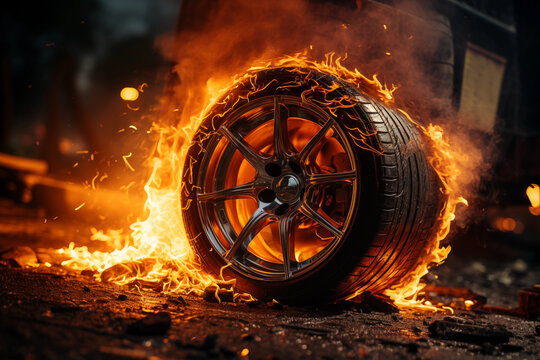a tire on fire on a road in dark background