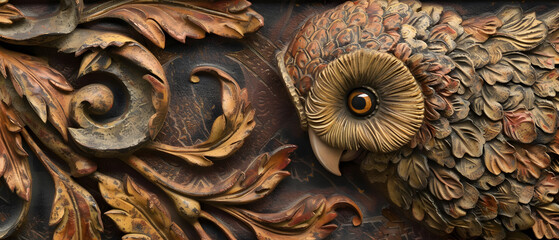 Ornate Wooden Carving of an Owl