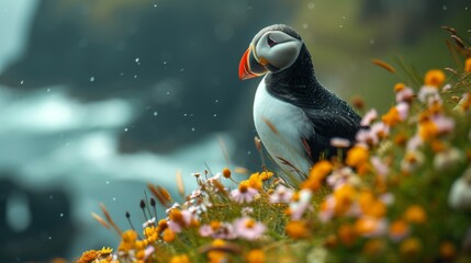 Fototapeta premium Black and white atlantic puffin birds sit on green rocky shore against of the sea in Iceland, north, ocean, island, landscape, fauna, flowers, red beaks and paws, grass, sky, mountains, and coastline