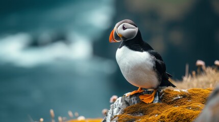 Obraz premium Black and white atlantic puffin birds sit on green rocky shore against of the sea in Iceland, north, ocean, island, landscape, fauna, flowers, red beaks and paws, grass, sky, mountains, and coastline