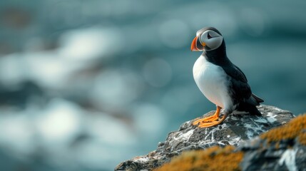 Fototapeta premium Black and white atlantic puffin birds sit on green rocky shore against of the sea in Iceland, north, ocean, island, landscape, fauna, flowers, red beaks and paws, grass, sky, mountains, and coastline