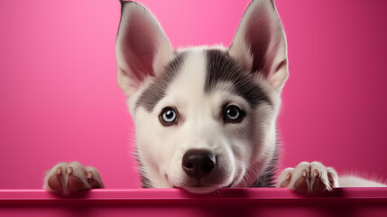 Siberian Husky puppy on pink background