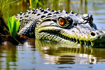 Obraz premium a swamp crocodile Generative AI,