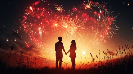 Obraz na płótnie Canvas Romantic duo with hands clasped under spectacular heart-shaped fireworks, Ai Generated
