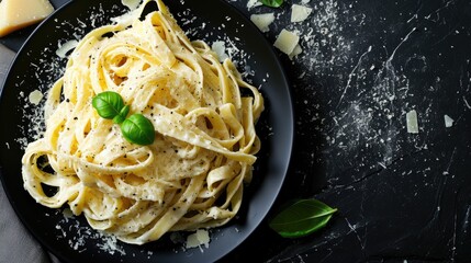Indulge in creamy Fettuccine Alfredo, adorned with Parmesan, a striking contrast against black, Ai Generated.