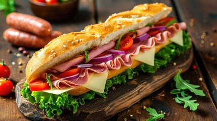 Submarine sandwich with ham or jamon, cheese, lettuce, tomatoes, onion, mortadella, and sausage on a rustic wooden table, a savory delight, Ai Generated.