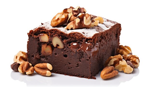 Indulge in the allure of a decadent brownie slice, topped with crunchy hazelnuts, against a pristine white canvas, Ai Generated.