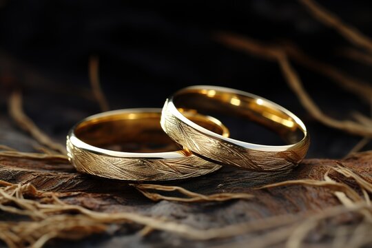 A pair of luxurious and shiny engraved gold rings in the photo on a black background. generative AI