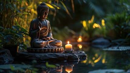 Serene Buddha statue with candles in a peaceful natural setting, Ai Generated.