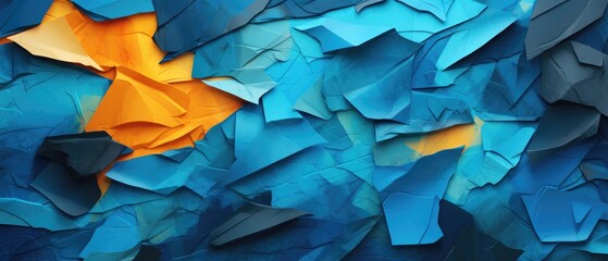 A captivating depiction featuring organic textures and crumbled paper layers in a harmonious blend of blue and orange colors, adding depth and dimension to your design, Ai Generated.