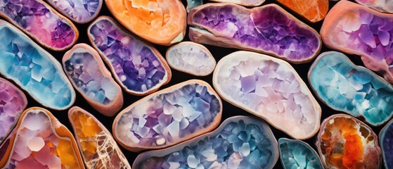 Captivating closeup showcasing the cross-section of various colorful abstract healing stones, Ai Generated.