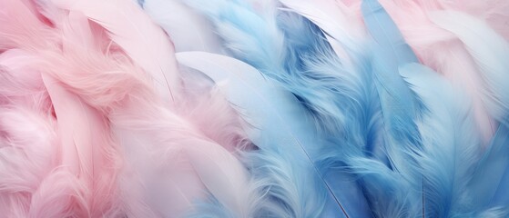 A closeup detail of soft, silk pastel pink and blue-colored feathers, Ai Generated.
