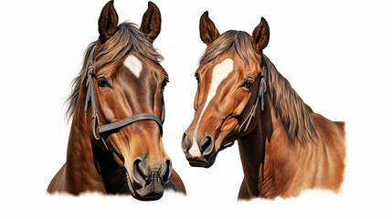 Two horses heads isolated on white background. Front - Side view.