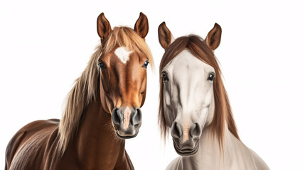 Horses isolated on a white background. Portrait of two horses
