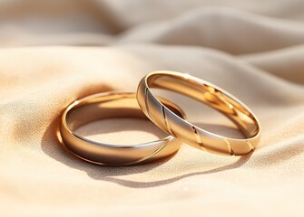 A pair of elegant and luxurious gold rings in the photo with a wavy fabric background. generative AI