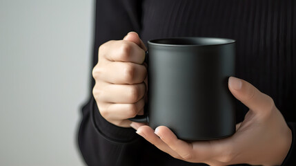 person holding a black mug