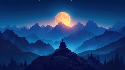 Yoga and meditation. Silhouette of man in mountains