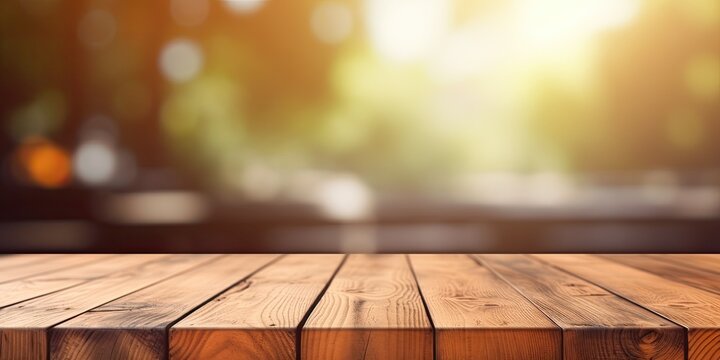 Product template on wooden table with blurred background, ideal for business presentation.