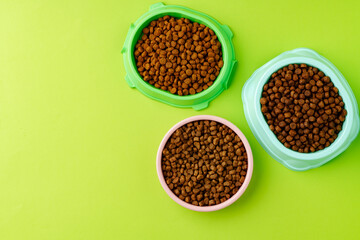 Pet bowl with dry food on green background studio shot