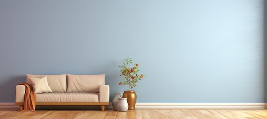 Serene and cozy empty living room with beautiful blue toned walls and natural light
