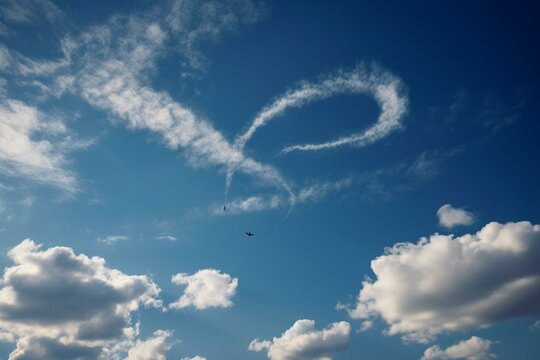 Cloud in shape of a heart with an airplane flying across a clear blue sky. Generative AI