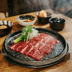 和牛の霜降り肉を贅沢に使用した、豪華で上質な焼肉プレート