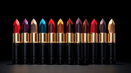 A lineup of colorful lipstick bullets in various shades. - obrazy, fototapety, plakaty