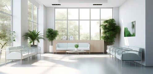 A minimalist interior design with sofas and wide windows and some green plants inside. generative AI