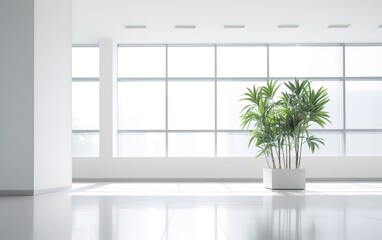 An empty room with a small palm tree decorated in it. generative AI