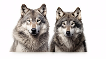 Two wolf heads isolated on a white background. 3D rendering.