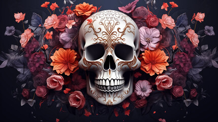 abstract scary halloween skull decorated with flowers