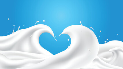 Abstract milk waves with heart shape on blue background, vector illustration and design.