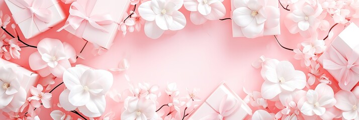 Delicate Pink Gift Boxes with White Flowers, Soft and Romantic Composition, greeting card, Celebrations and Events, copyspace, Mothers Day, Valentines Day, spring sales.