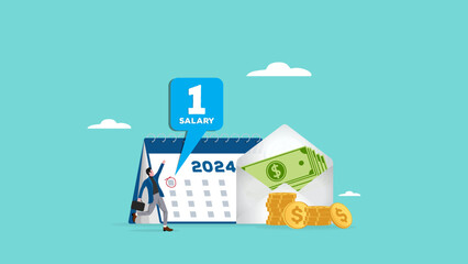 monthly salary illustration, happy employee or workers receive a monthly salary, active income with salary payment concept, Payday loans monthly salary concept vector Illustration with flat style - obrazy, fototapety, plakaty