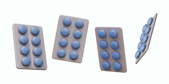 3D vector blister pack with blue round pills. Realistic model in different positions on white background. Template for creative advertising design. Motion effect
