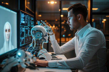 Machine learning engineer programming artificial neural networks, advanced AI robotics, developing prosthetic limbs, paraplegic solutions, futuristic office. AI driven healthcare, medical innovations.