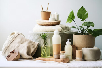 Fototapeta na wymiar Nature bathroom spa lifestyle background hygiene concept clean bath white table wooden soap care