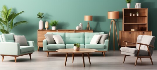 Mint green chairs at round wooden dining table in modern living room with sofa and cabinet