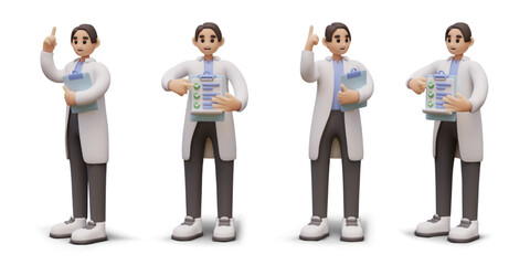 Fototapeta na wymiar Set of medic holding clipboard and showing document in different positions. Cartoon medical worker. Medicine concept. Vector illustration in 3d style with white background