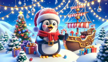 The Merry Penguin Pirate's Christmas Celebration on the Snow-Covered Ship