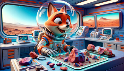 Vibrant and Playful Science with a Fox Astronaut in a High-Tech Mars Lab - Exploring an Alien World with Panache