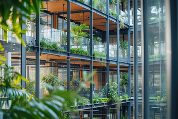 Modern environmentally friendly building. Sustainable glass office with wood and many plants to reduce carbon